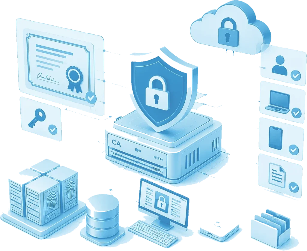 Illustration of a certificate authority server with a padlock shield, a signed certificate, a key and connected devices