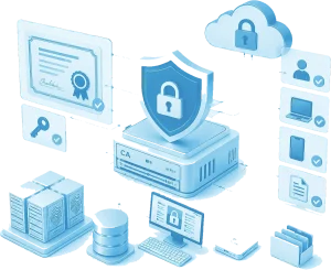 Illustration of a certificate authority server with a padlock shield, a signed certificate, a key and connected devices