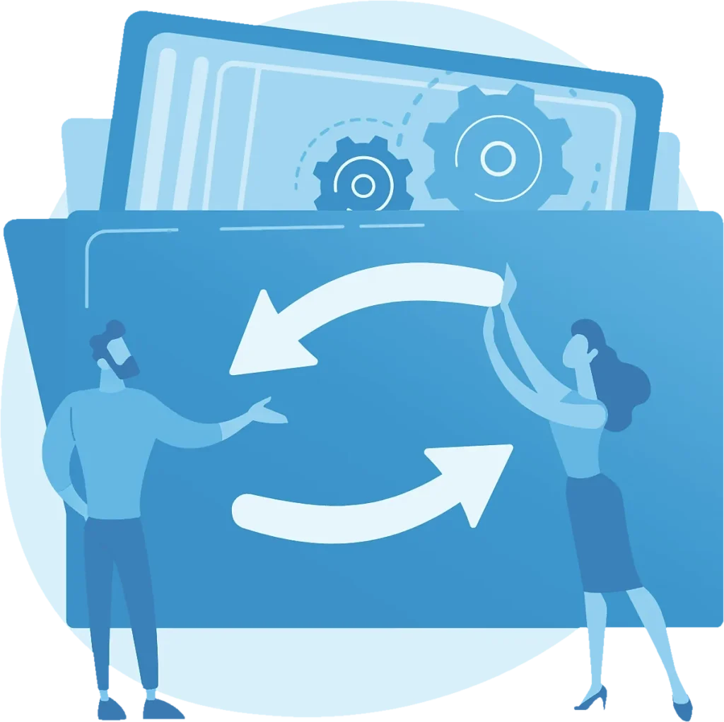Illustration of two people beside circular renewal arrows on a large folder