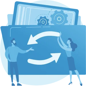 Illustration of two people beside circular renewal arrows on a large folder
