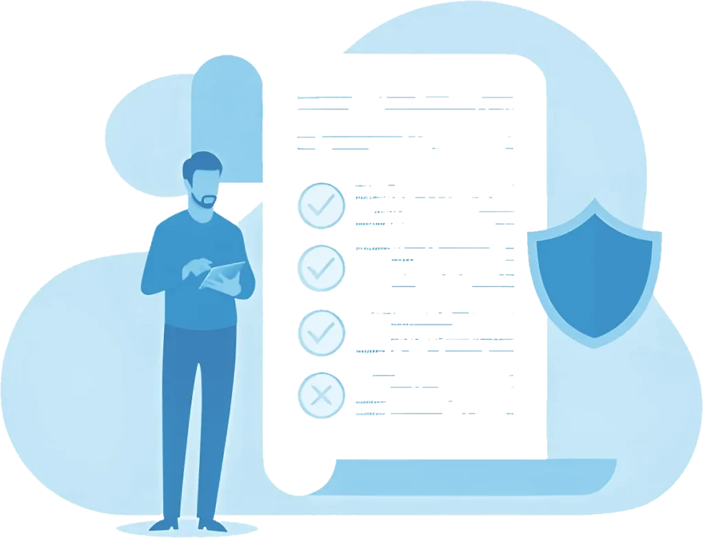Illustration of a person reviewing a compliance checklist beside a shield