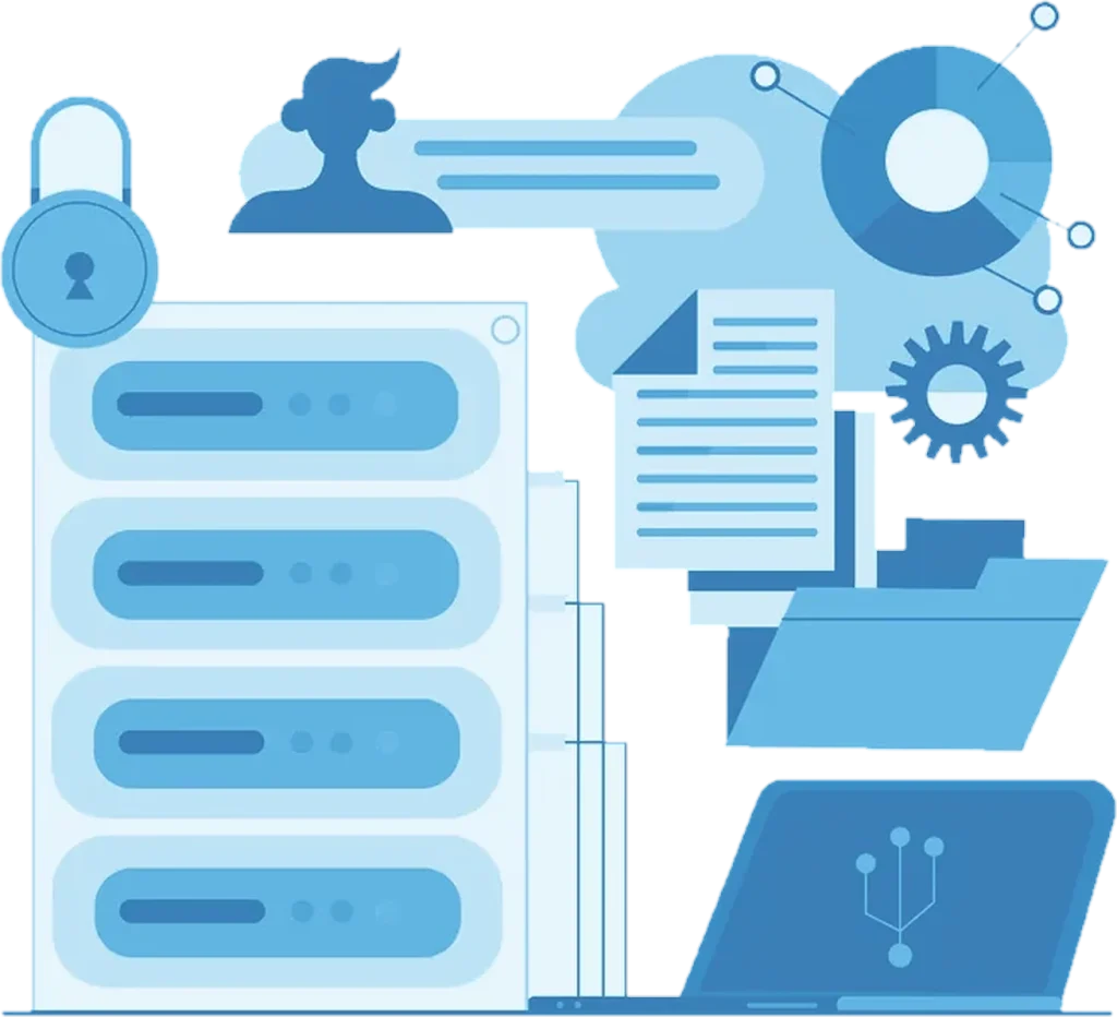 Illustration of an identity server with a user login, a padlock, server modules and settings gears