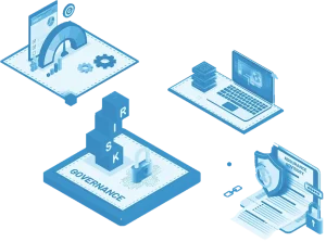 Isometric illustration of risk blocks on a governance platform, with a gauge, a padlock and audit documents