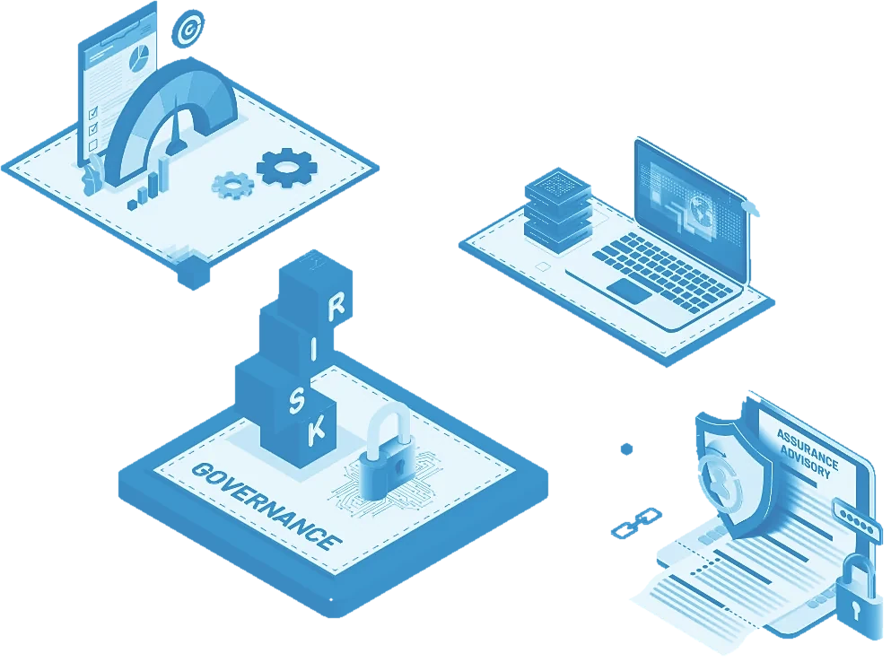 Isometric illustration of risk blocks on a governance platform, with a gauge, a padlock and audit documents