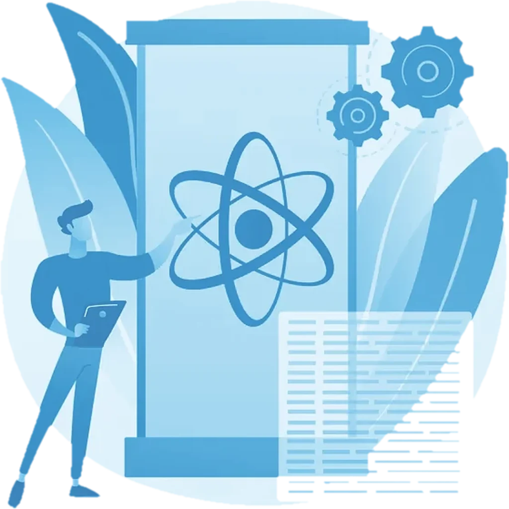 Illustration of a person planning a quantum-safe strategy beside a panel with an atom symbol and gears