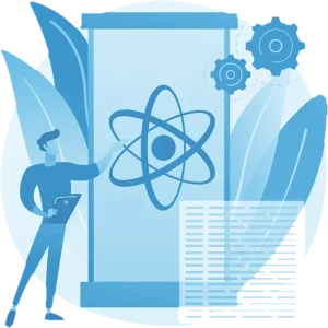 Illustration of a person planning a quantum-safe strategy beside a panel with an atom symbol and gears