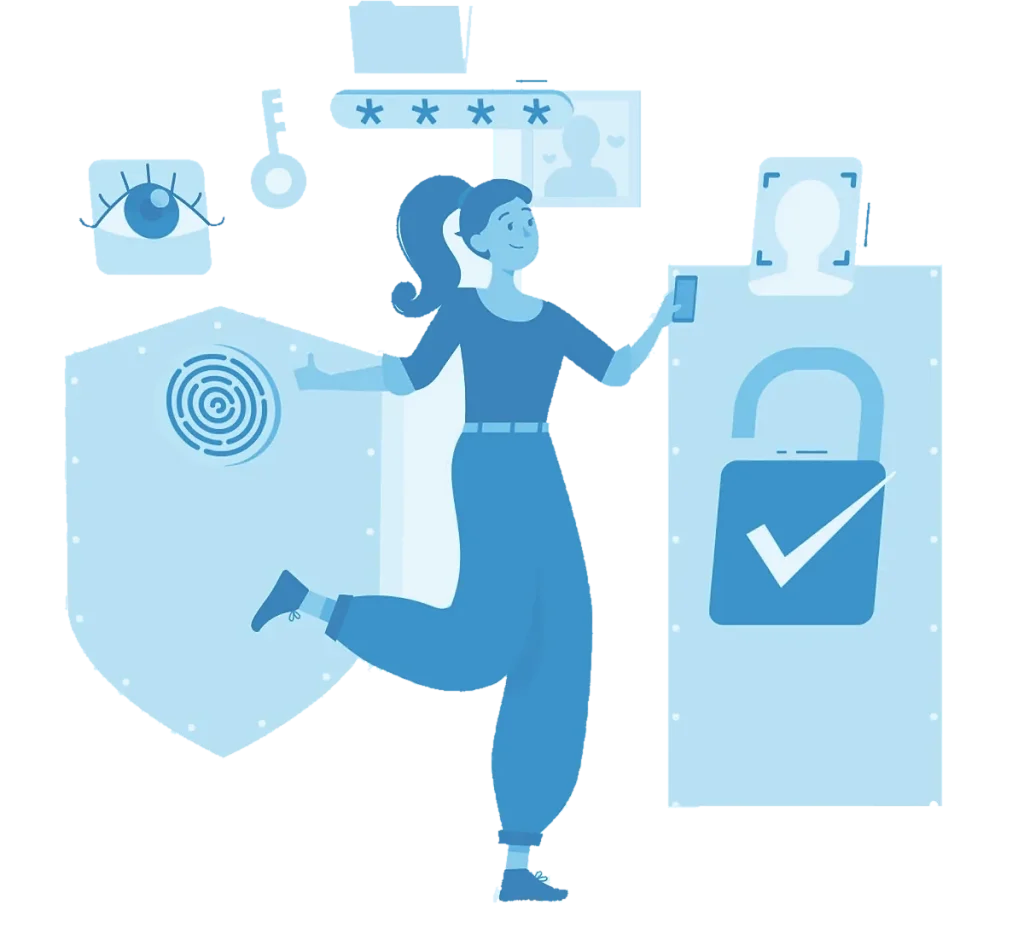 Illustration of a woman confirming her identity on a phone beside a fingerprint shield and a padlock with a check mark