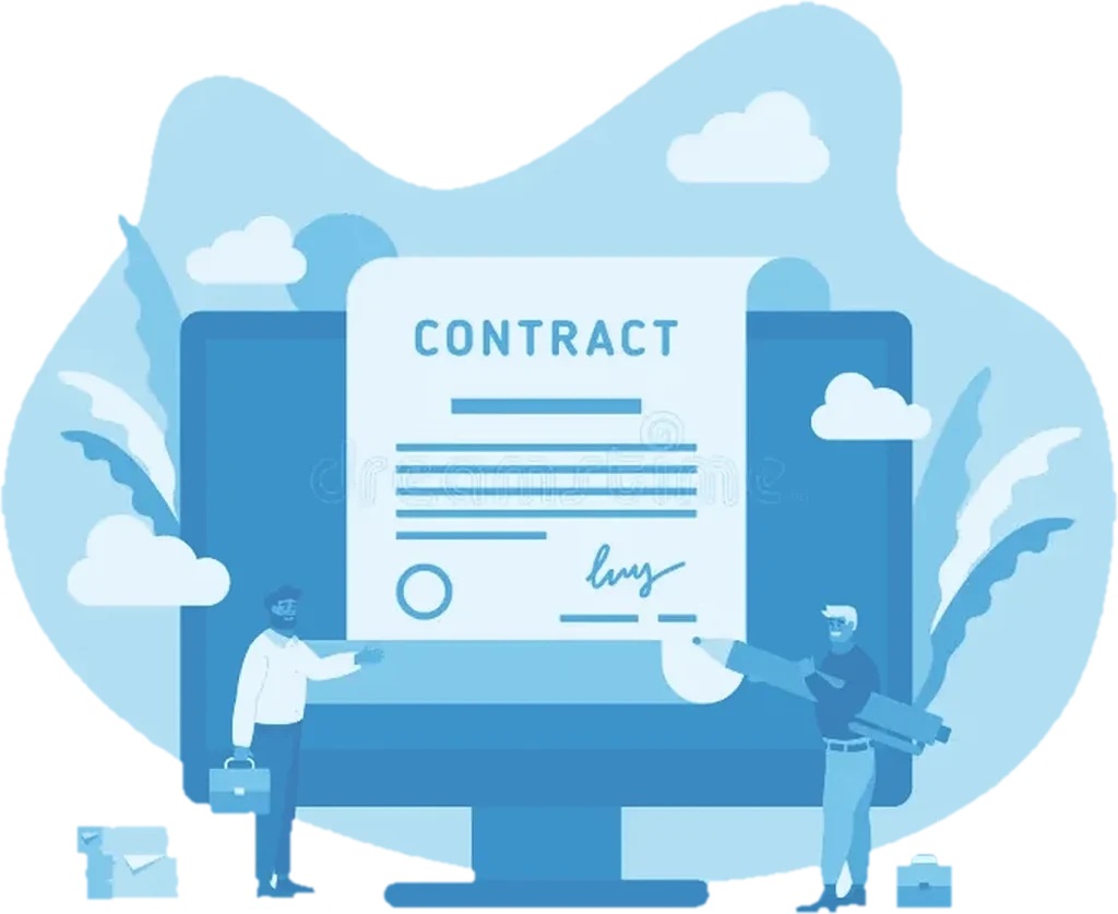 Illustration of two people beside a signed contract shown on a large screen