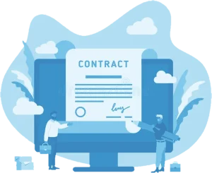 Illustration of two people beside a signed contract shown on a large screen