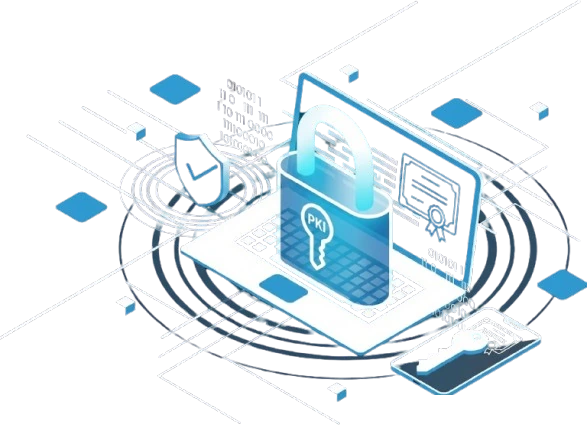 Laptop with PKI padlock, shield and key on phone